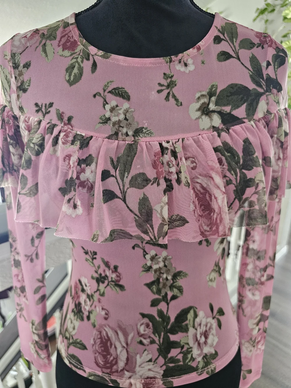 Polly & Esther Pink Floral Ruffle Mesh Long-Sleeve Top - Picture 2 of 7